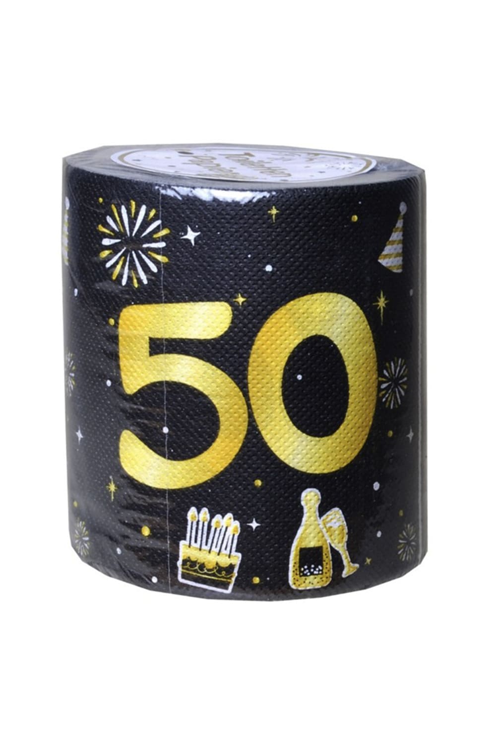 Zahlen WC-Papier 50 mit goldener Zahl und Party-Motiven auf schwarzem Hintergrund fuer den 50. Geburtstag
