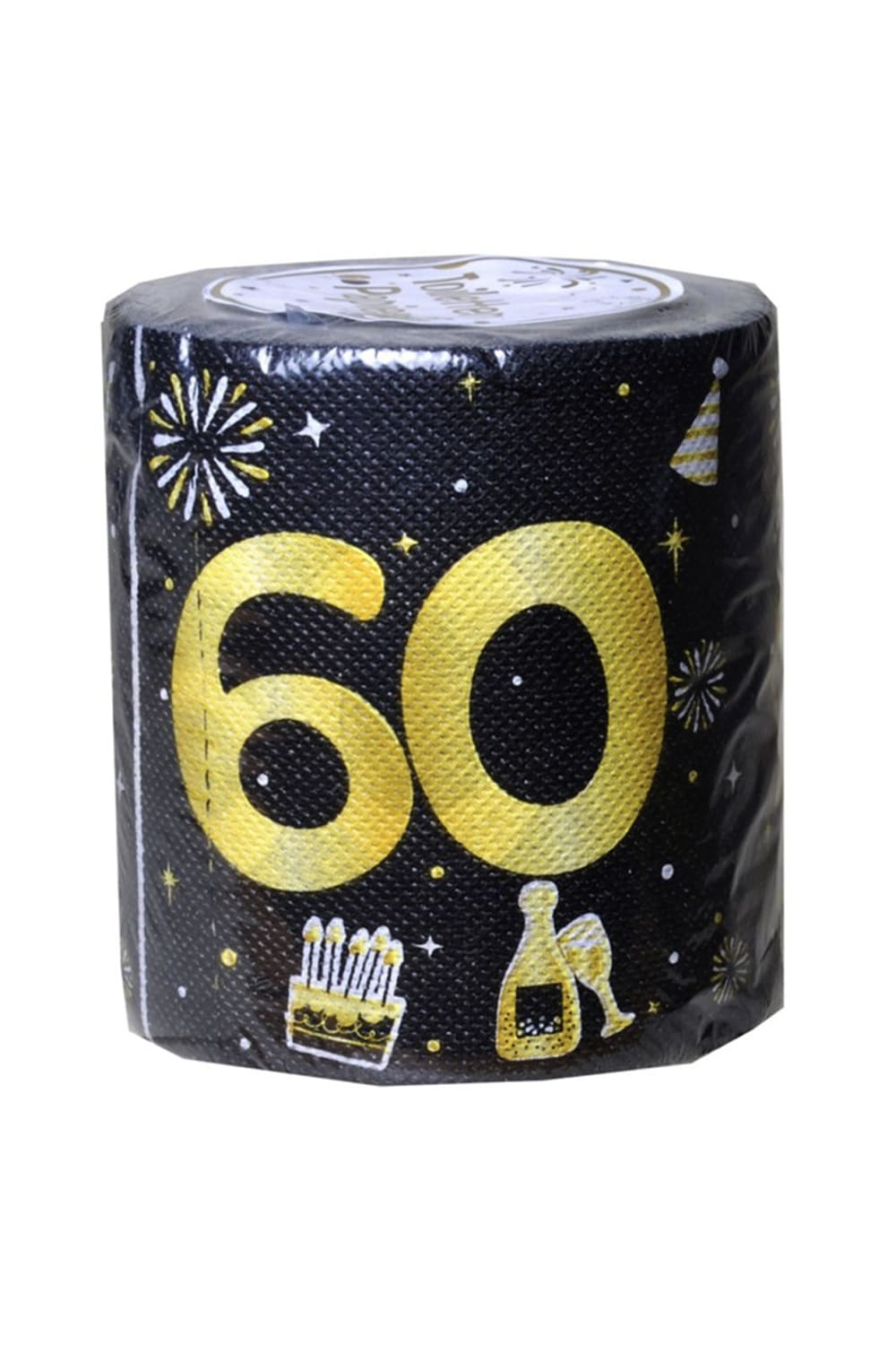 Zahlen WC-Papier 60 mit goldener Zahl und Party-Motiven auf schwarzem Hintergrund fuer den 60. Geburtstag