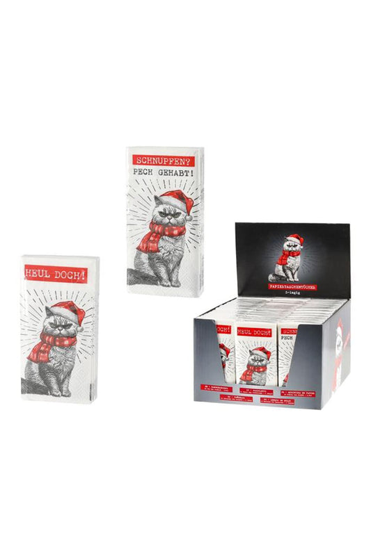 Anti Weihnachten Taschentuecher. Mit aufgedruckter XMAS CAT. Preis fuer 2 Stk. 1x Heul doch! & 1x Schnupfen? Pech gehabt! 
