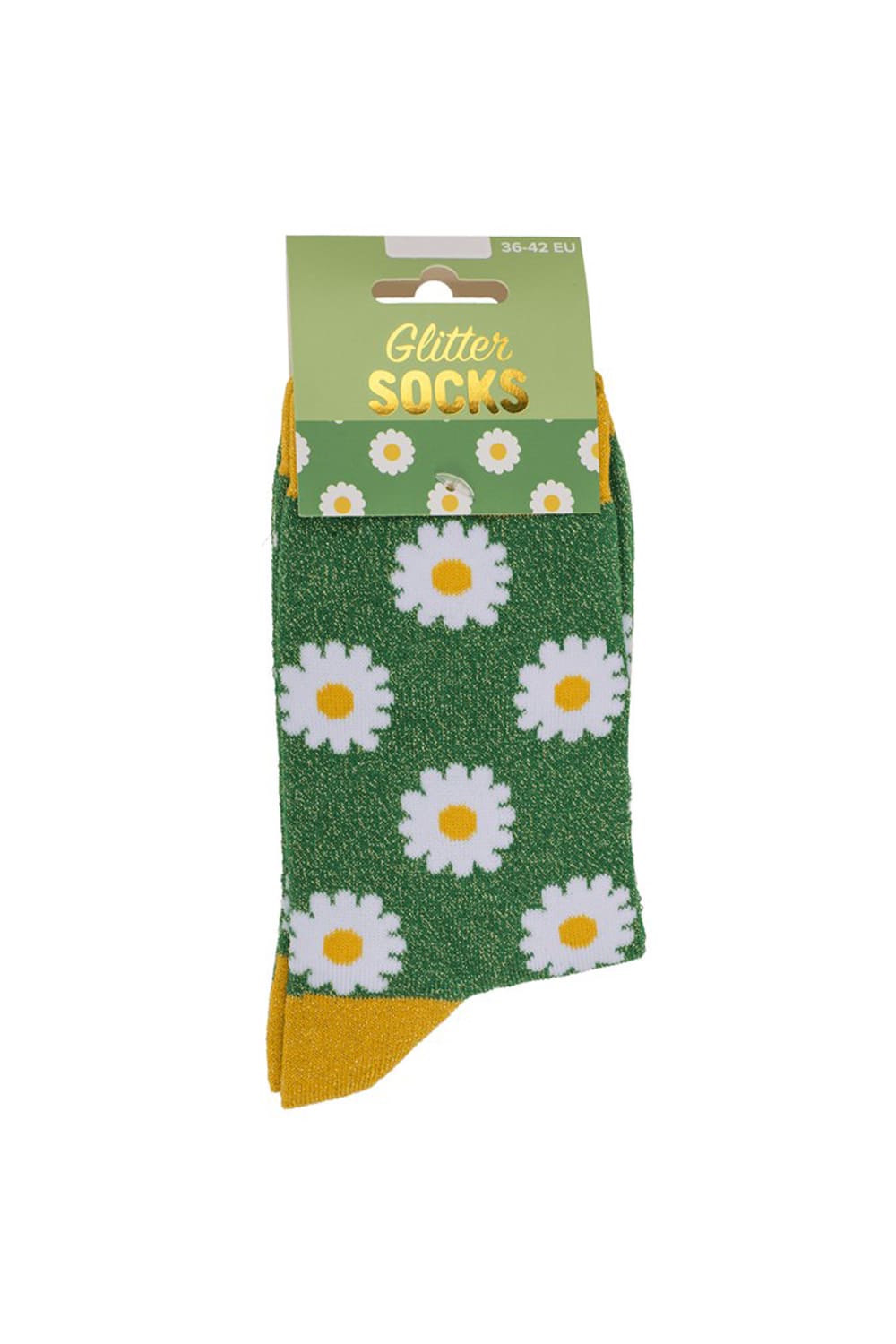 Blumen Glitzer Socken in Gruen mit weissen Blumen gelben Akzenten und glaenzenden Faeden in Einheitsgroesse 36/42