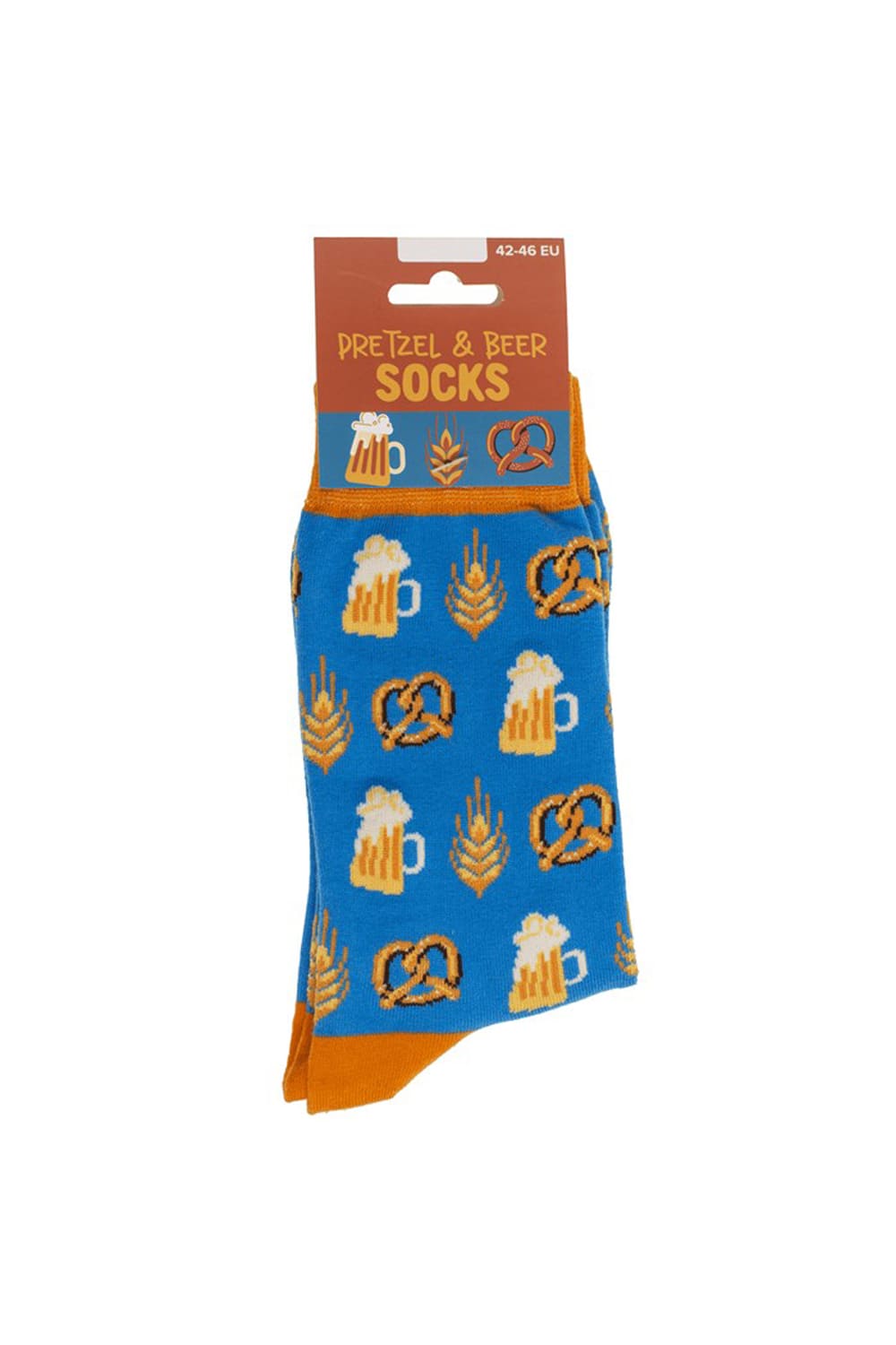 Brezeln und Bier Socken in Blau und Orange mit Bierkruegen Brezeln und Aehren in Einheitsgroesse 42/46