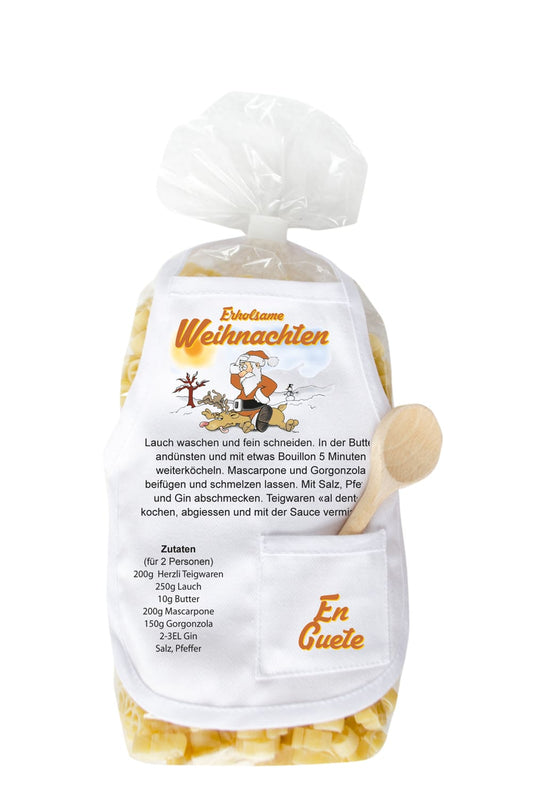 Die Pasta sind in Engelform. Verpackung ist mit Mini-Schuerze und kleinem Holzloeffeli. Mit dem Spruch: Erholsame Weihnachten. Witzige Nudeln zu Weihnachten.