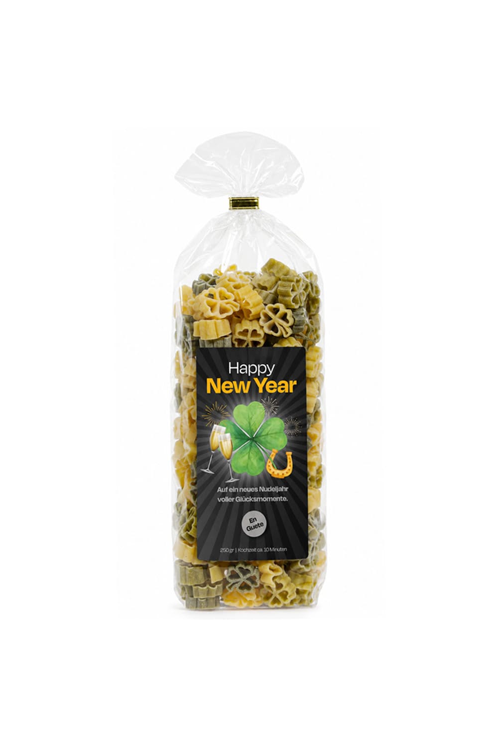 Happy New Year Pastasaeckli mit Motivnudeln als Geschenk zu Silvester und Neujahr