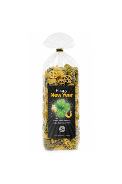 Happy New Year Pastasaeckli mit Motivnudeln als Geschenk zu Silvester und Neujahr