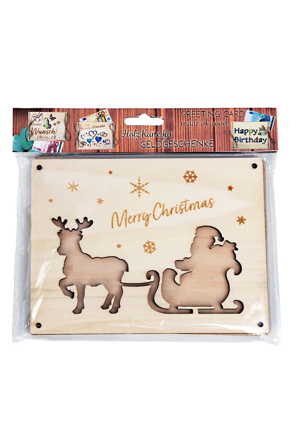 Holz Geldkarte Weihnachten mit Weihnachtsmann Rentier und Merry Christmas als originelle Verpackung fuer ein Geldgeschenk