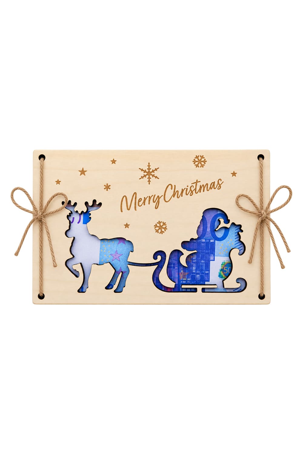 Weihnachtliche Holz Geldkarte mit Merry Christmas Spruch Schneeflocken Sternen Weihnachtsmann und Rentier fuer Geldscheine