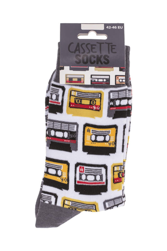 Witzige Spassocken mit Kassetten Motiv! Diese lustigen Socken sind ein grossartiges Geschenk! Die Motivsocken sind in der Einheitsgroesse (42/46) erhaeltlich.