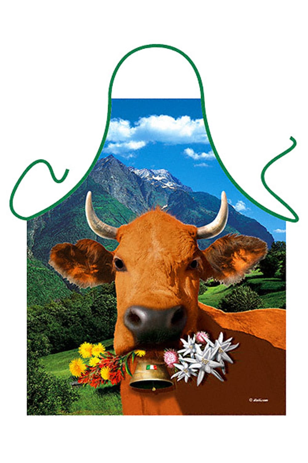Muuh. Die Kuh auf der Alp. In den Bergen geniesst sie die Natur. Die coole Schweizer Souvenir Schuerze fuer jeden Anlass! Die lustige Kochschuerze / Grillschuerze ist ein perfektes Geschenk fuer alle Kuh Fans. Die witzige Kuh Kochschuerze ist aus Polyester und ist waschbar bei 50°C.