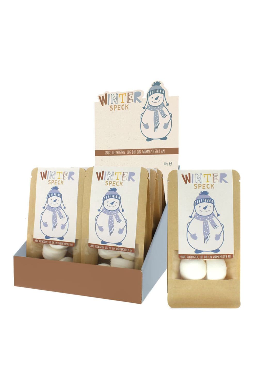 Die Schneemann Marshmallows sind ein leckeres Geschenk fuer die Winterzeit! Mit dem Spruch: Winterspeck. Spare Heizkosten, leg Dir ein Waermepolster an!  