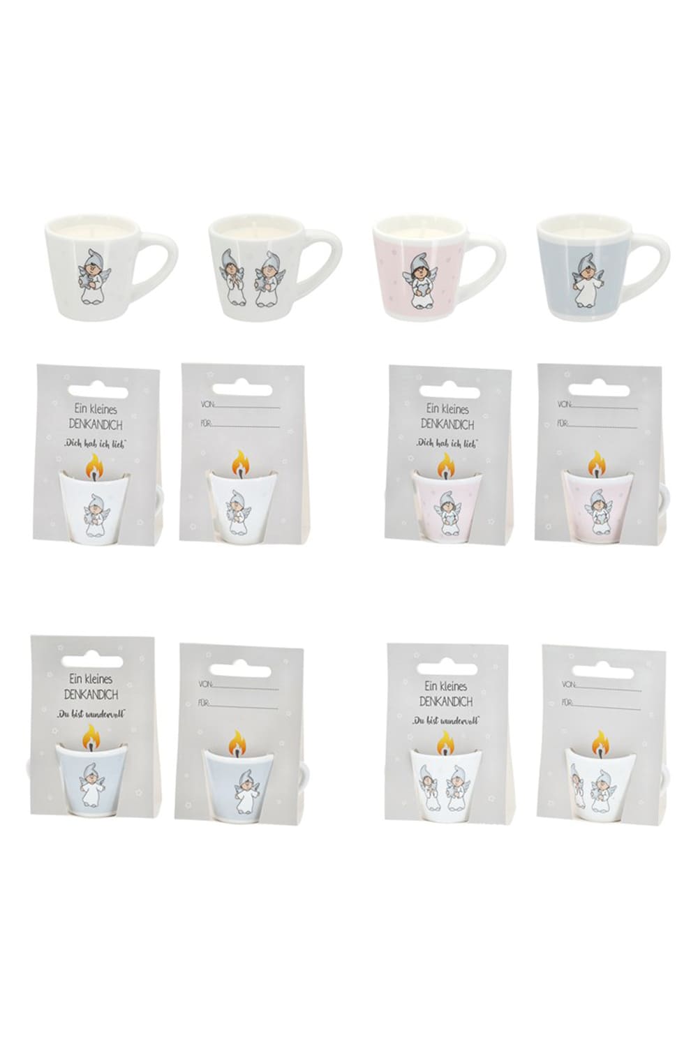 Mini Tassen Kerzen Schutzengel mit Geschenkkarten liebevollen Spruechen und Feldern Von und Fuer zum persoenlichen Beschriften