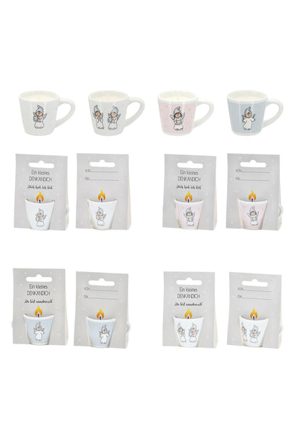 Mini Tassen Kerzen Schutzengel mit Geschenkkarten liebevollen Spruechen und Feldern Von und Fuer zum persoenlichen Beschriften