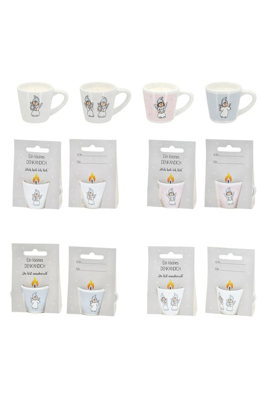 Mini Tassen Kerzen Schutzengel mit Geschenkkarten liebevollen Spruechen und Feldern Von und Fuer zum persoenlichen Beschriften
