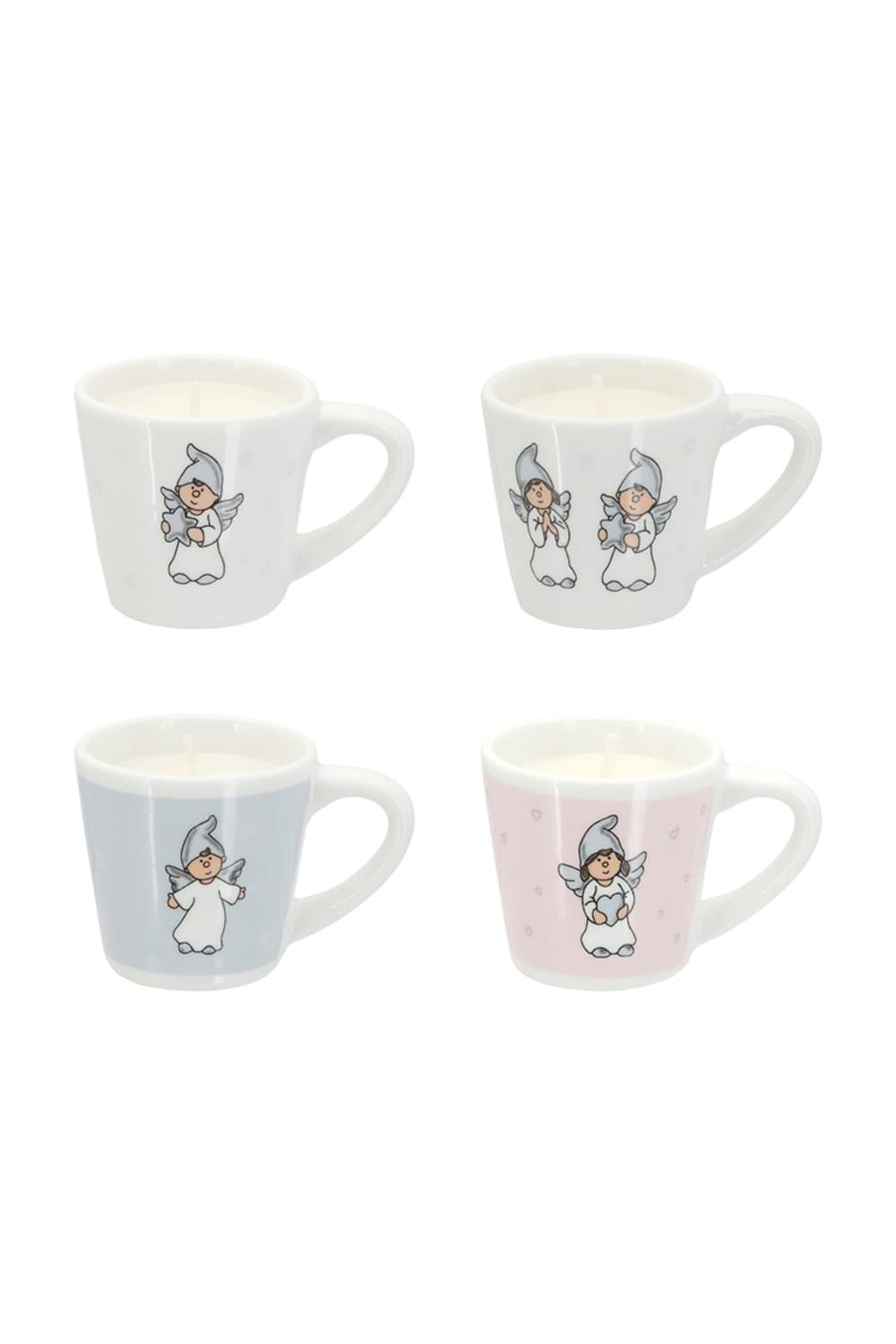 Espresso Tassen Kerzen Schutzengel im 4er Set aus Porzellan in Weiss Rosa und Hellblau mit vier verschiedenen Engel Motiven