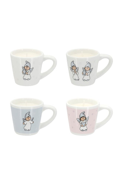 Espresso Tassen Kerzen Schutzengel im 4er Set aus Porzellan in Weiss Rosa und Hellblau mit vier verschiedenen Engel Motiven