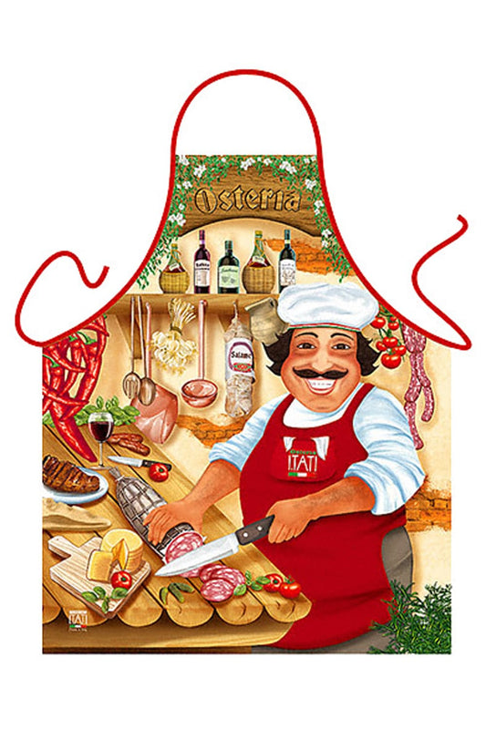Osteria. Der Italienier mit seinem Salami. Ein originelles Geschenk fuer alle die gerne Backen, Kochen und grillieren. Die Italien Kochschuerze ist aus Polyester und ist waschbar sowie farbfest. Die Taverne Grillschuerze ist ca. 74 cm lang. 