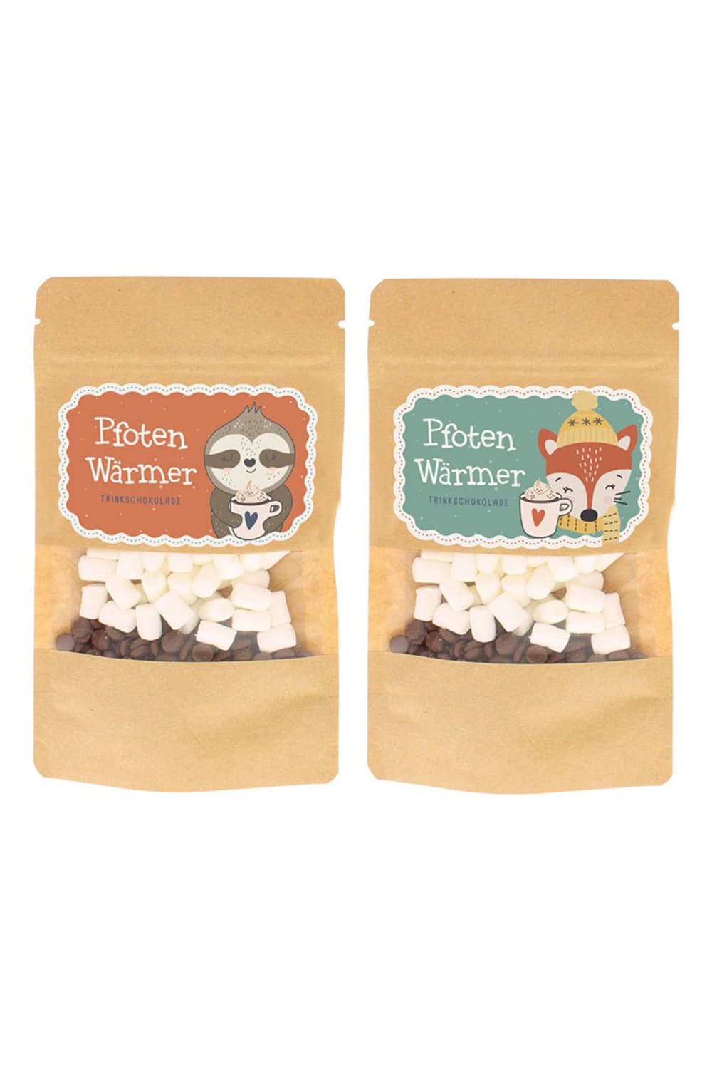 Pfotenwaermer Trinkschokolade Faultier und Fuchs im 2er-Set mit Schokotrops und Mini-Marshmallows