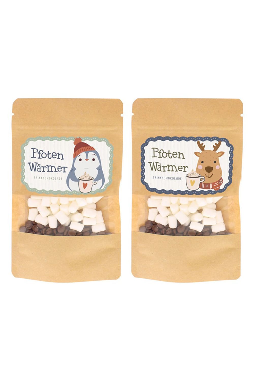 Pfotenwaermer Trinkschokolade Pinguin und Rentier im 2er-Set mit Schokotrops und Mini-Marshmallows als Weihnachtsgeschenk