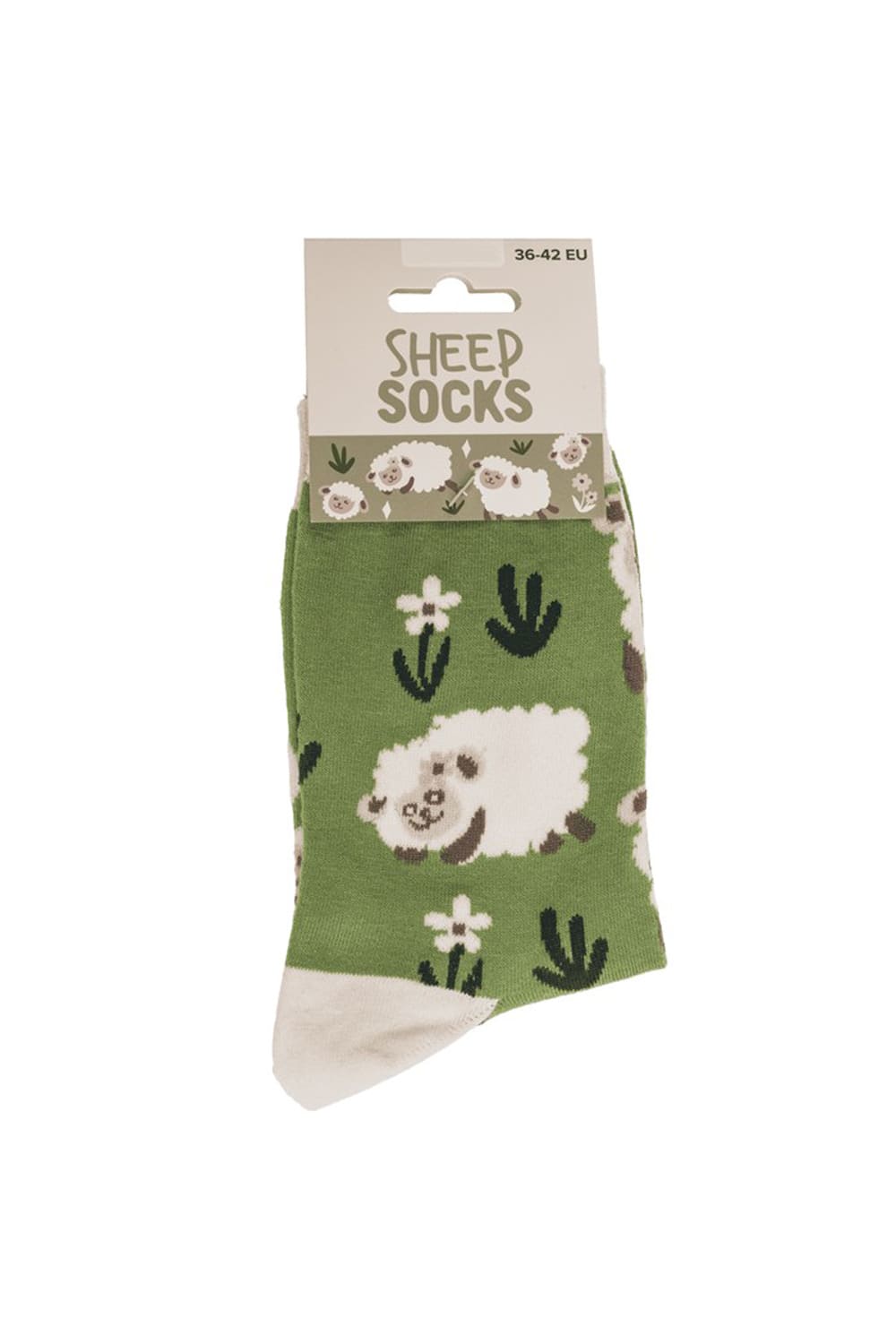 Schaf Socken in Gruen und Weiss mit niedlichen Schafen Blumen und Pflanzen in Einheitsgroesse 36/42