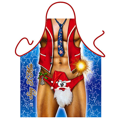 Sexy Christmas. Ein Mann halbnackt im heissen Nikolaus Kostuem. Da staunt sogar der Samichlaus. Einfach eine lustige und sexy Kochschuerze sowie Grillschuerze. Die Fun Schuerze aus Polyester ist waschbar bei 50°C sowie farbfest. Die X-Mas Man Schuerze hat eine Laenge von ca. 74 cm. Ein witziges Geschenk zu Weihnachten! 