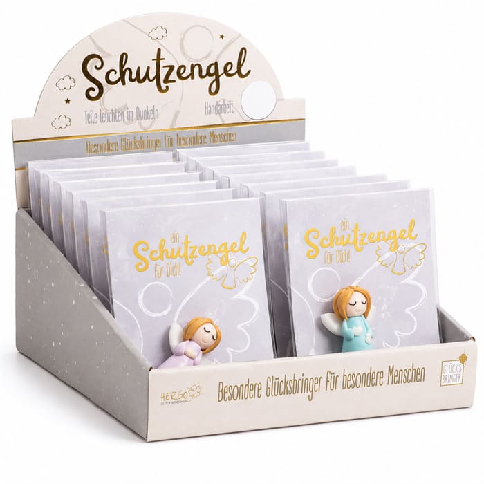 Schutzengel auf Karte – liebevoll handgefertigt, mit leuchtenden Details. Ein zauberhaftes Engelgeschenk und kleiner Gluecksbringer fuer besondere Menschen. Display
