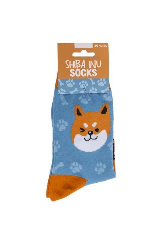 Shiba Inu Socken in Hellblau mit eingestricktem orange weissem Shiba Inu Pfoten und Knochen in Einheitsgroesse 36/42