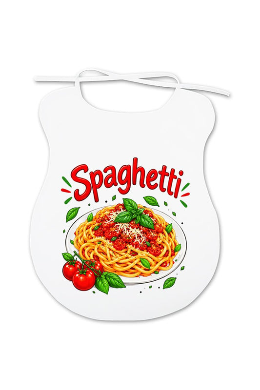 Dieser Latz fuer Erwachsene ist ein lustiges Geschenk. Auf dem Erwachsenenlatz ist ein voller Teller mit Spaghetti abgebildet. Jetzt bei Geschenk Insel!