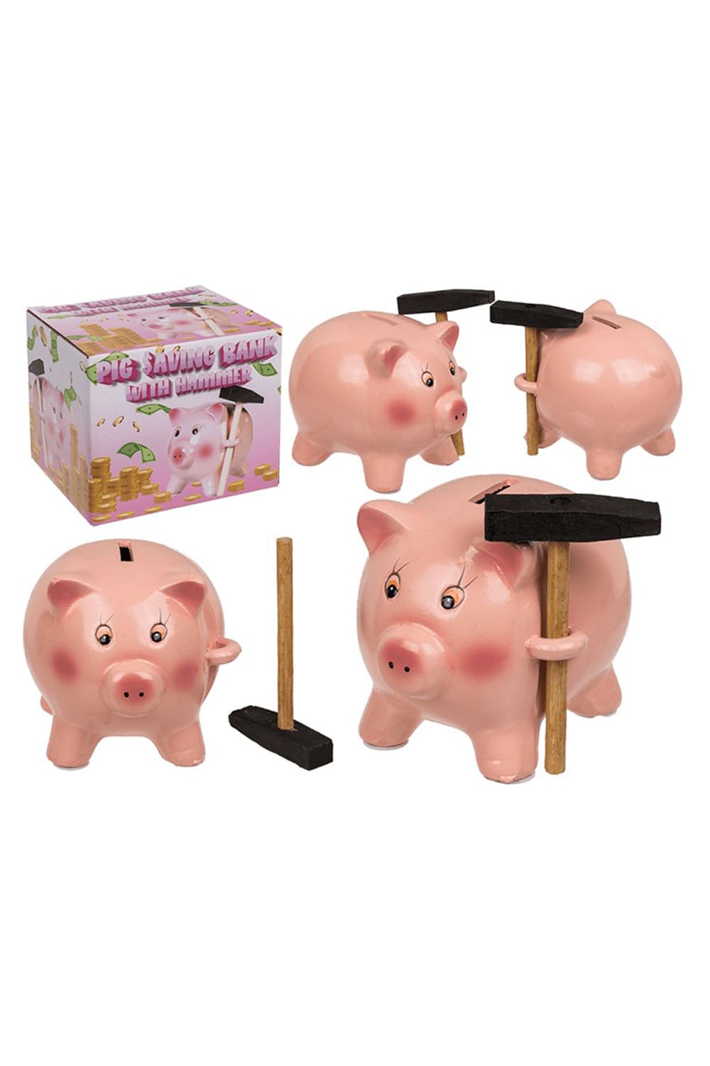 Rosa Sparschwein mit Hammer aus Dolomit im Geschenkkarton, ca. 12,5 cm, originelle Spardose für Geldgeschenke