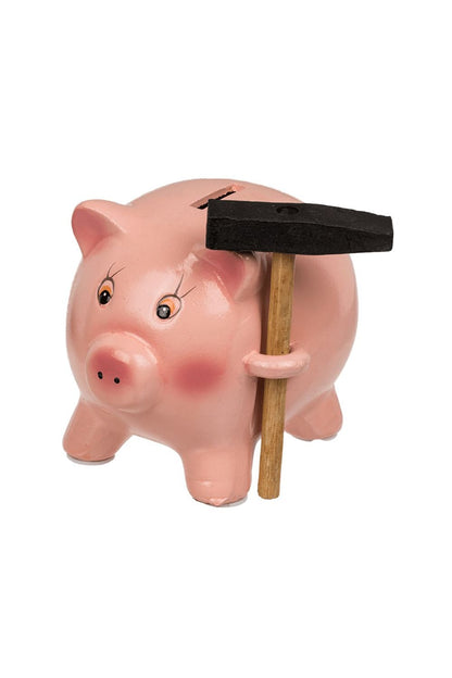 Rosa Sparschwein mit schwarzem Hammer und Einwurfschlitz, ca. 12,5 cm, witzige Spardose und Geldgeschenk-Idee
