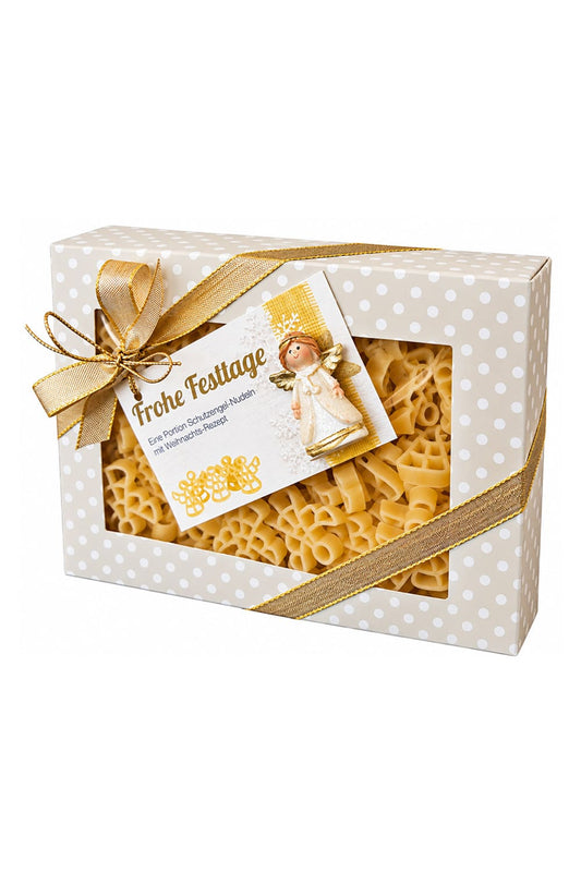 Weihnachten Pasta Geschenkbox Frohe Festtage mit 130 g Schweizer Engelsnudeln, kleinem Engel und dekorativer Schleife