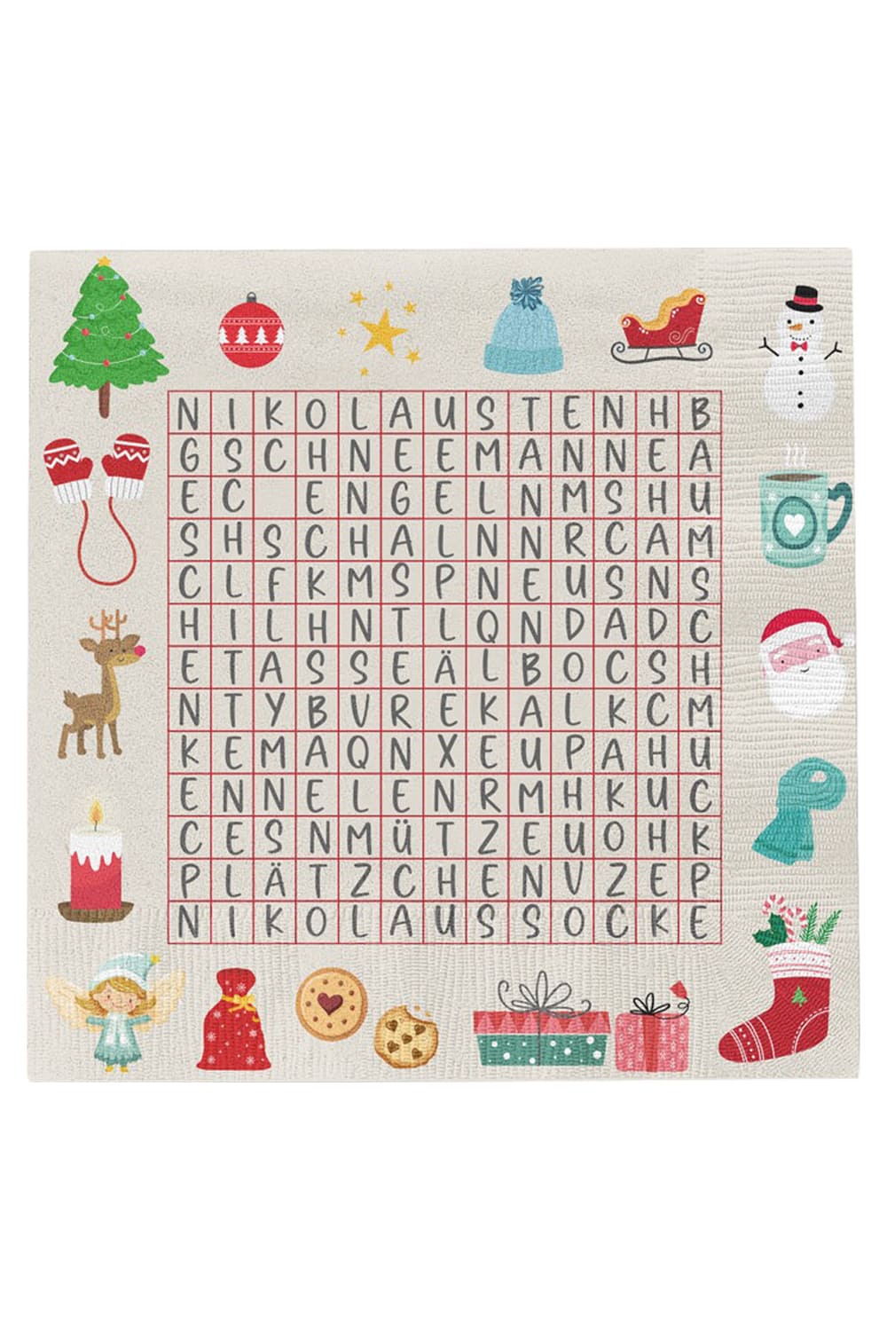Auf den weihnachtlichen Servietten ist ein Weihnachtsraetsel aufgedruckt. Diese Weihnachtsservietten sind biologisch abbaubar und umweltfreundlich.