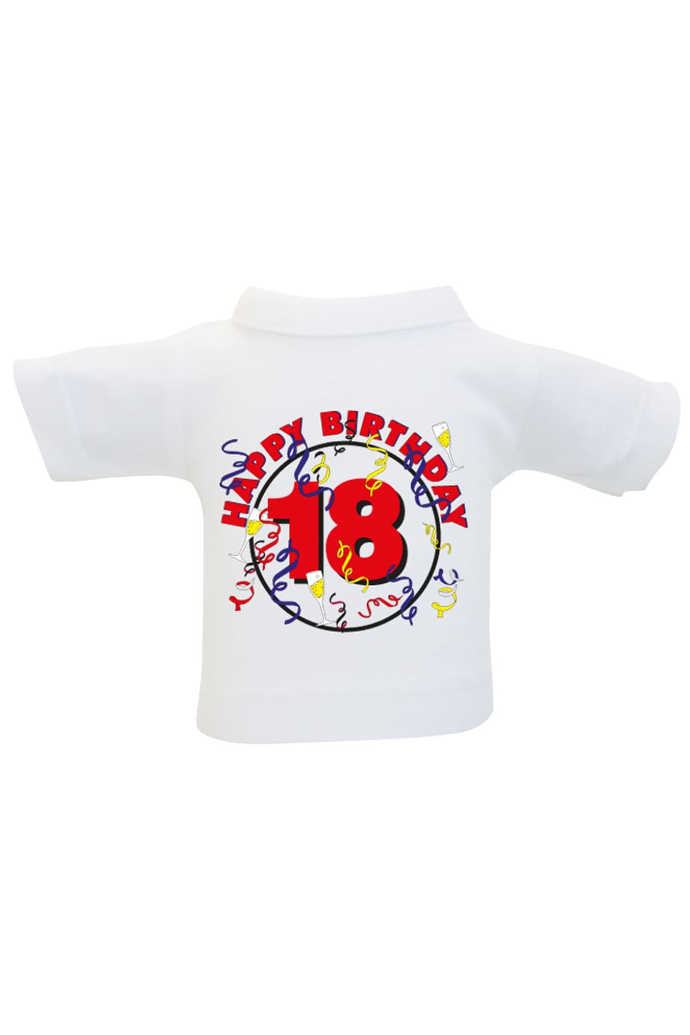 Das Mini T-Shirt ist ein lustiges Accessoire fuer Plueschtiere, Geschenke und Flaschen. Einfach das Mini Shirt einer Weinflasche oder einem Teddy anziehen und fertig ist die originelle Geschenkverpackung. Kleines Spruchshirt mit der Aufschrift: Happy Birthday 18. 