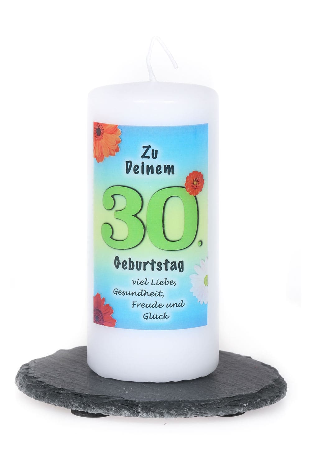 30. Geburtstag Spruchkerze blau als Geschenk. Kerze mit der Zahl 30 und einem Spruch sowie Gedicht, bedruckt. Geschenk zum 30. Geburtstag.