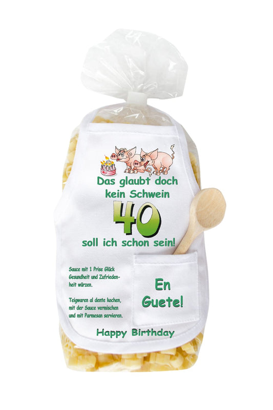 Die Pasta zum 40. Geburtstag sind in Form eines Schweinchen und in einer schoenen Verpackung. Auf der Mini Kochschuerze sind Schweine und eine Torte abgebildet sowie der Spruch: Das glaubt doch kein Schwein, 40 soll ich schon sein. Grossartiges Geburtstagsgeschenk zum 40. Geburtstag. 