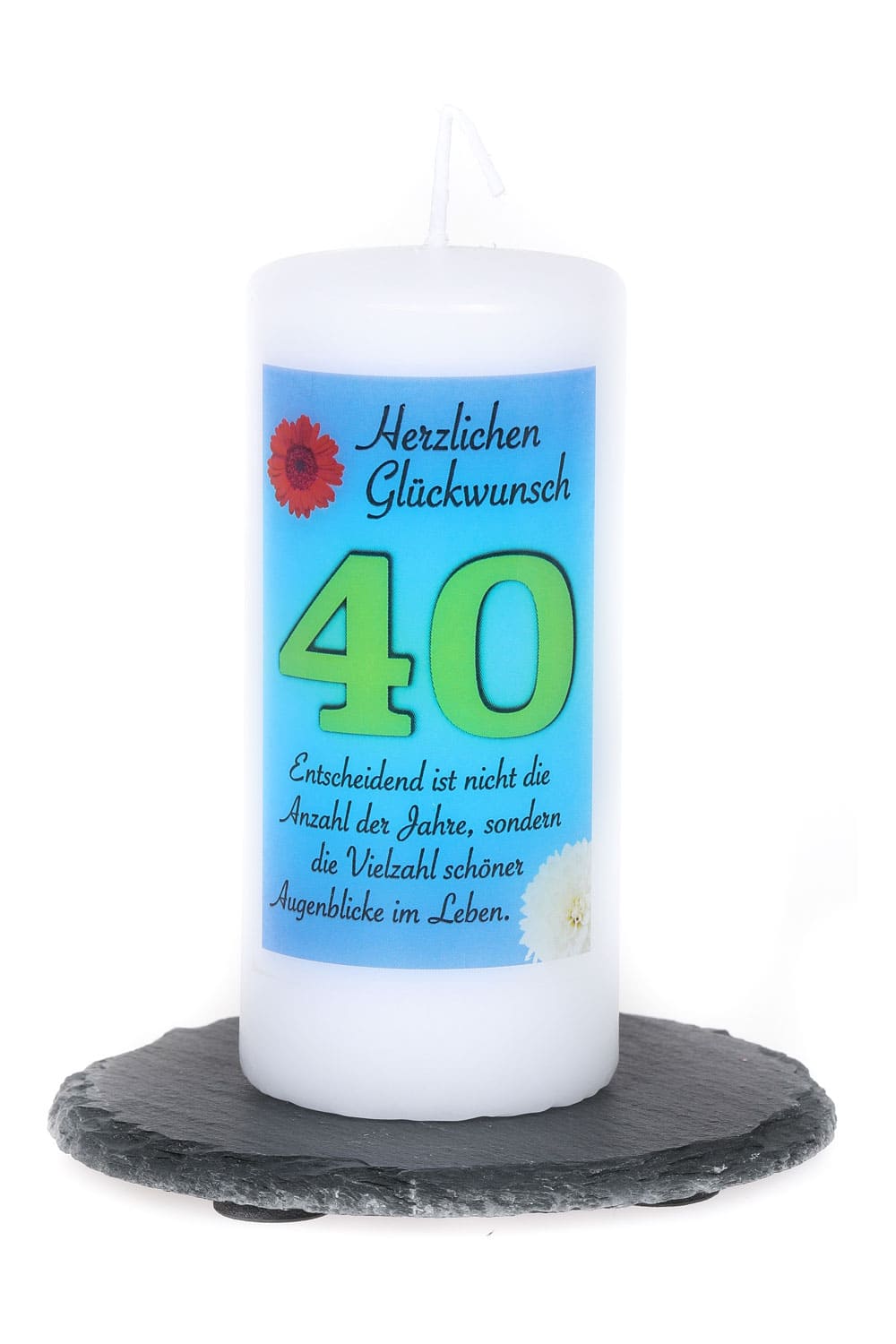 40. Geburtstag Spruchkerze blau als Geschenk. Kerze mit der Zahl 40 und einem Spruch sowie Gedicht, bedruckt. Geschenk zum 40. Geburtstag.