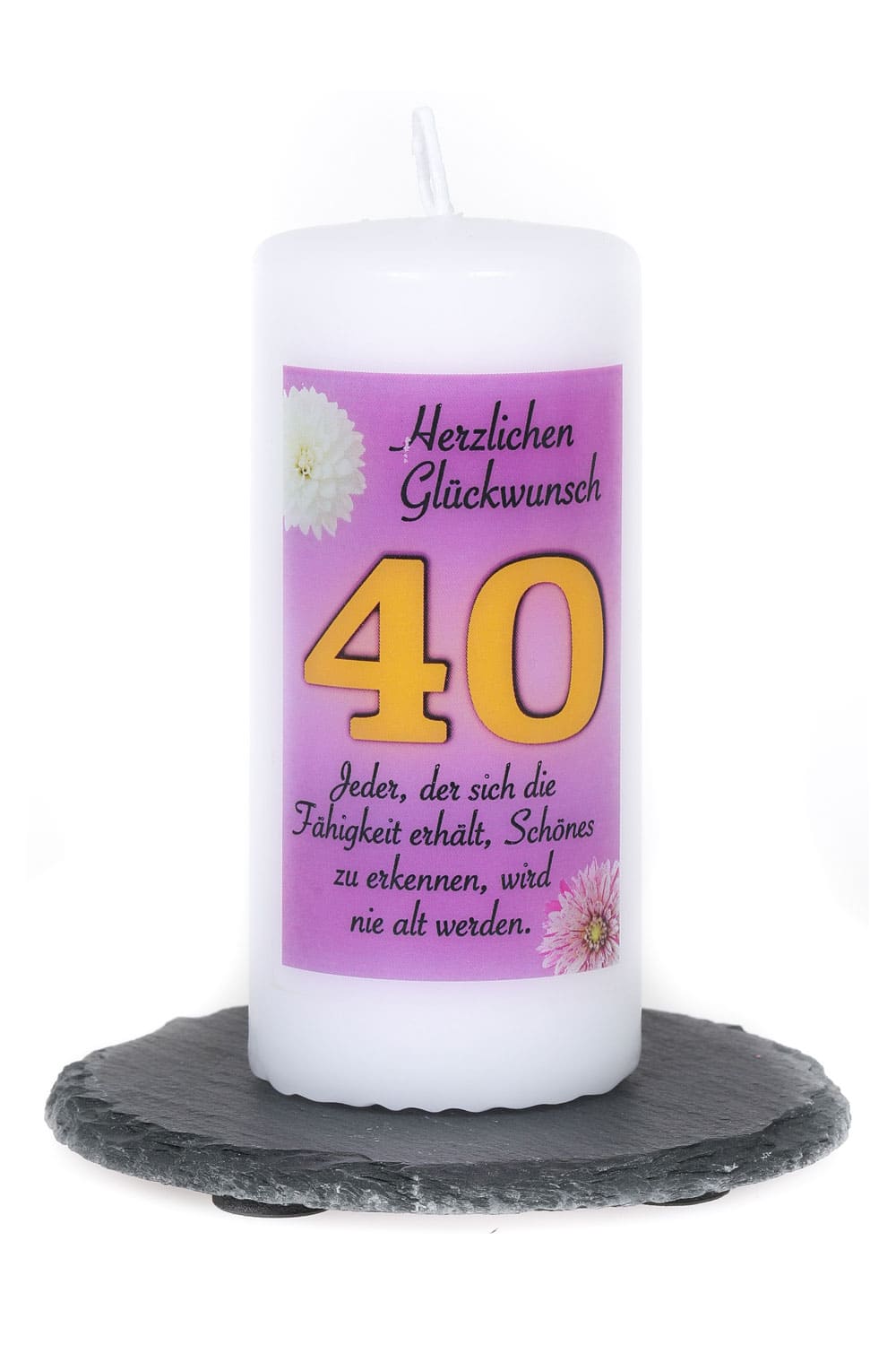 40. Geburtstag Spruchkerze rosa als Geschenk. Kerze mit der Zahl 40 und einem Spruch sowie Gedicht, bedruckt. Geschenk zum 40. Geburtstag.
