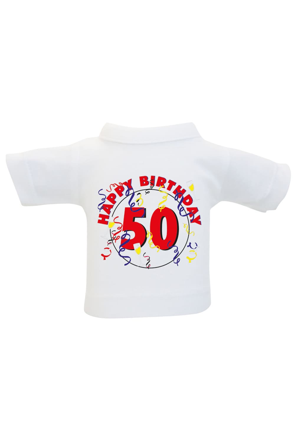 Das Mini T-Shirt ist ein lustiges Accessoire fuer Plueschtiere, Geschenke und Flaschen. Einfach das Mini Shirt einer Weinflasche oder einem Teddy anziehen und fertig ist die originelle Geschenkverpackung. Kleines Spruchshirt mit der Aufschrift: Happy Birthday 50. 