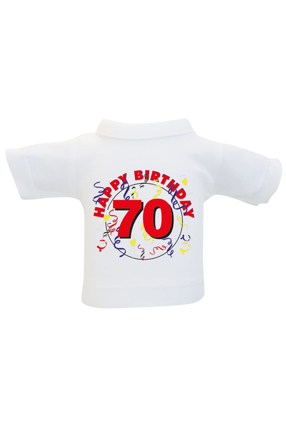 Das Mini T-Shirt ist ein lustiges Accessoire fuer Plueschtiere, Geschenke und Flaschen. Einfach das Mini Shirt einer Weinflasche oder einem Teddy anziehen und fertig ist die originelle Geschenkverpackung. Kleines Spruchshirt mit der Aufschrift: Happy Birthday 70.