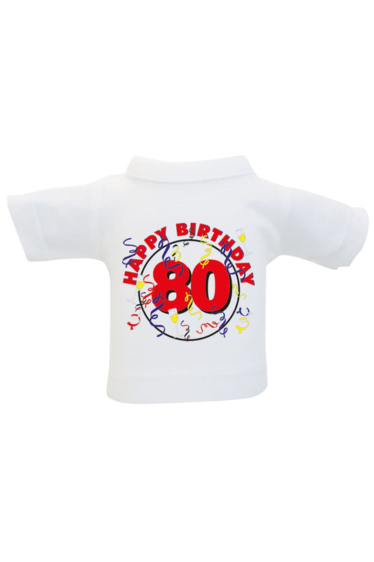 Das Mini T-Shirt ist ein lustiges Accessoire fuer Plueschtiere, Geschenke und Flaschen. Einfach das Mini Shirt einer Weinflasche oder einem Teddy anziehen und fertig ist die originelle Geschenkverpackung. Kleines Spruchshirt mit der Aufschrift: Happy Birthday 80. 