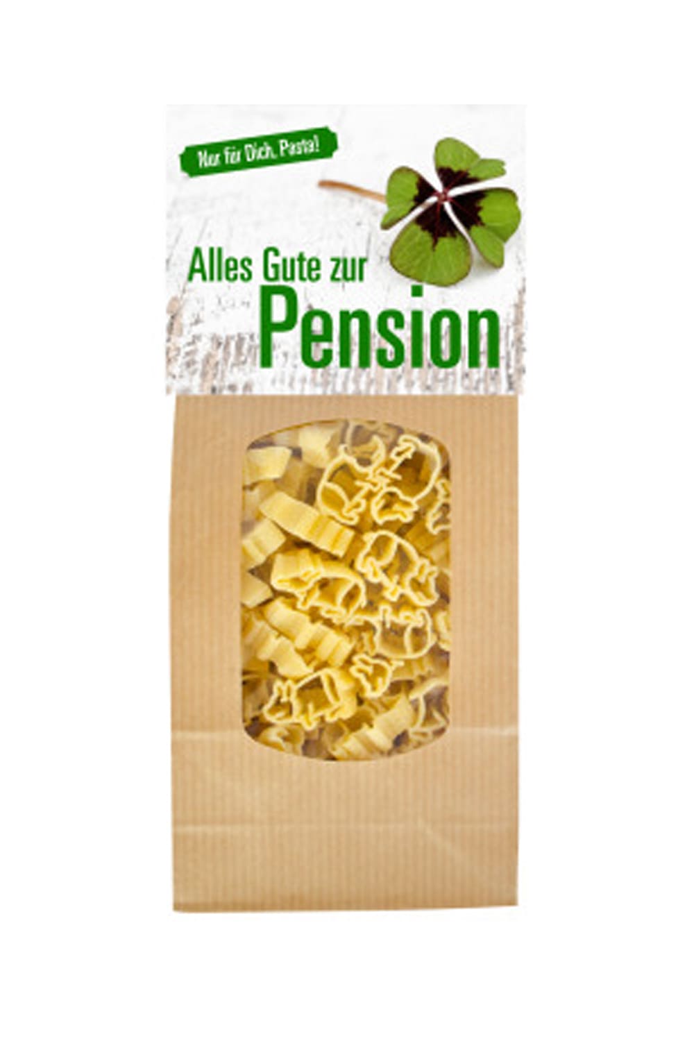 Pension Pasta mit Gluecksschweinchen. Grossartiges Pensionsgeschenk mit dem Spruch: Alles Gute zur Pension. Leckeres Pasta Geschenk