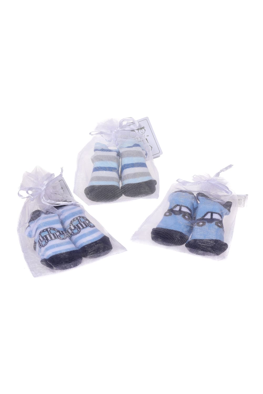 Babysocken in Mesh Beutel blau. Babysocken für ein Junge zur Geburt. Babygeschenk zur Geburt in der Farbe blau. Mesh Beutel mit Socken fuers Baby