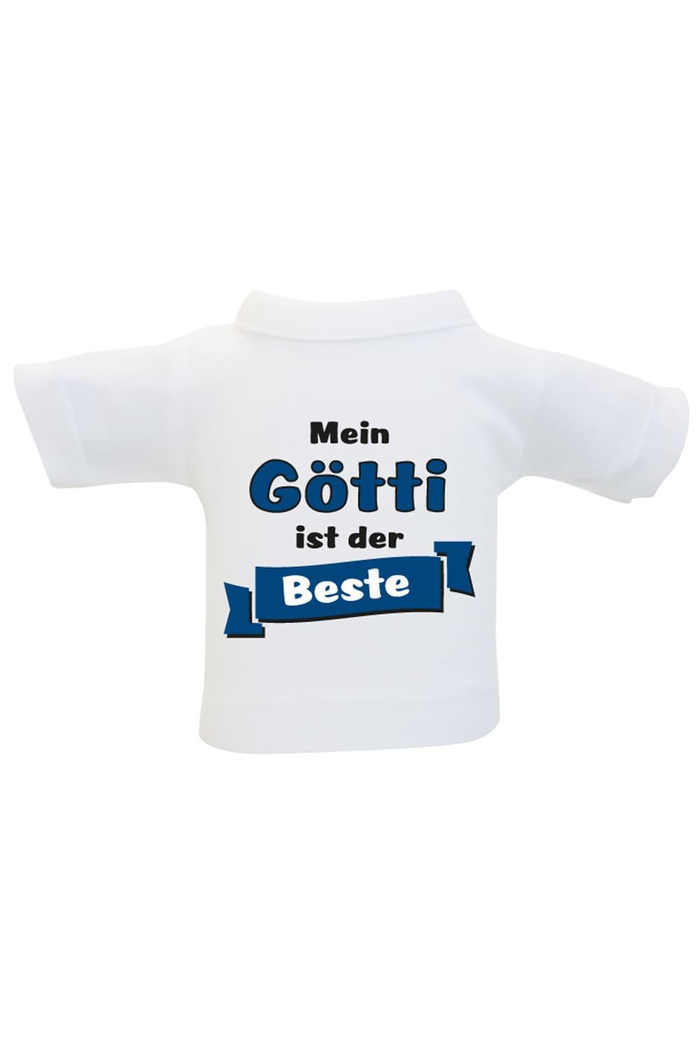 Das Mini T-Shirt ist ein lustiges Accessoire fuer Plueschtiere, Geschenke und Flaschen. Einfach das Mini Shirt einer Weinflasche oder einem Teddy anziehen und fertig ist die originelle Geschenkverpackung. Kleines Flaschenshirt mit der Aufschrift: Mein Goetti ist der Beste. Zum Geburtstag oder zu Weihnachten.