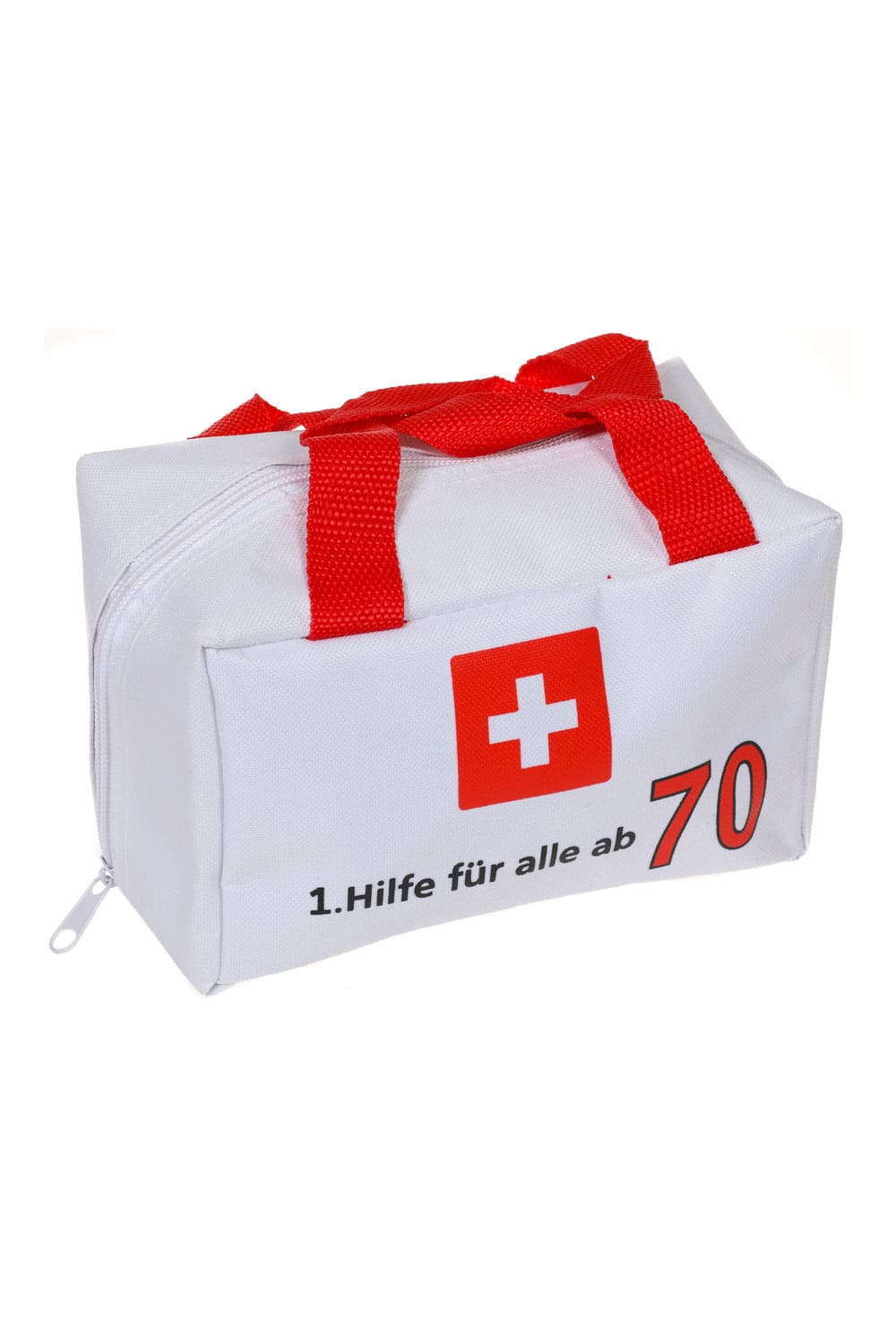 Eine witzige Geschenk Verpackung für den 70. Geburtstag. Die Notfall Tasche ist bedruckt mit der Geburtstagszahl und dem Spruch: 1. Hilfe fuer alle ab 70. Die Erste Hilfe Tasche kann beliebig gefuellt werden und laesst der Kreativität keine Grenzen. 
