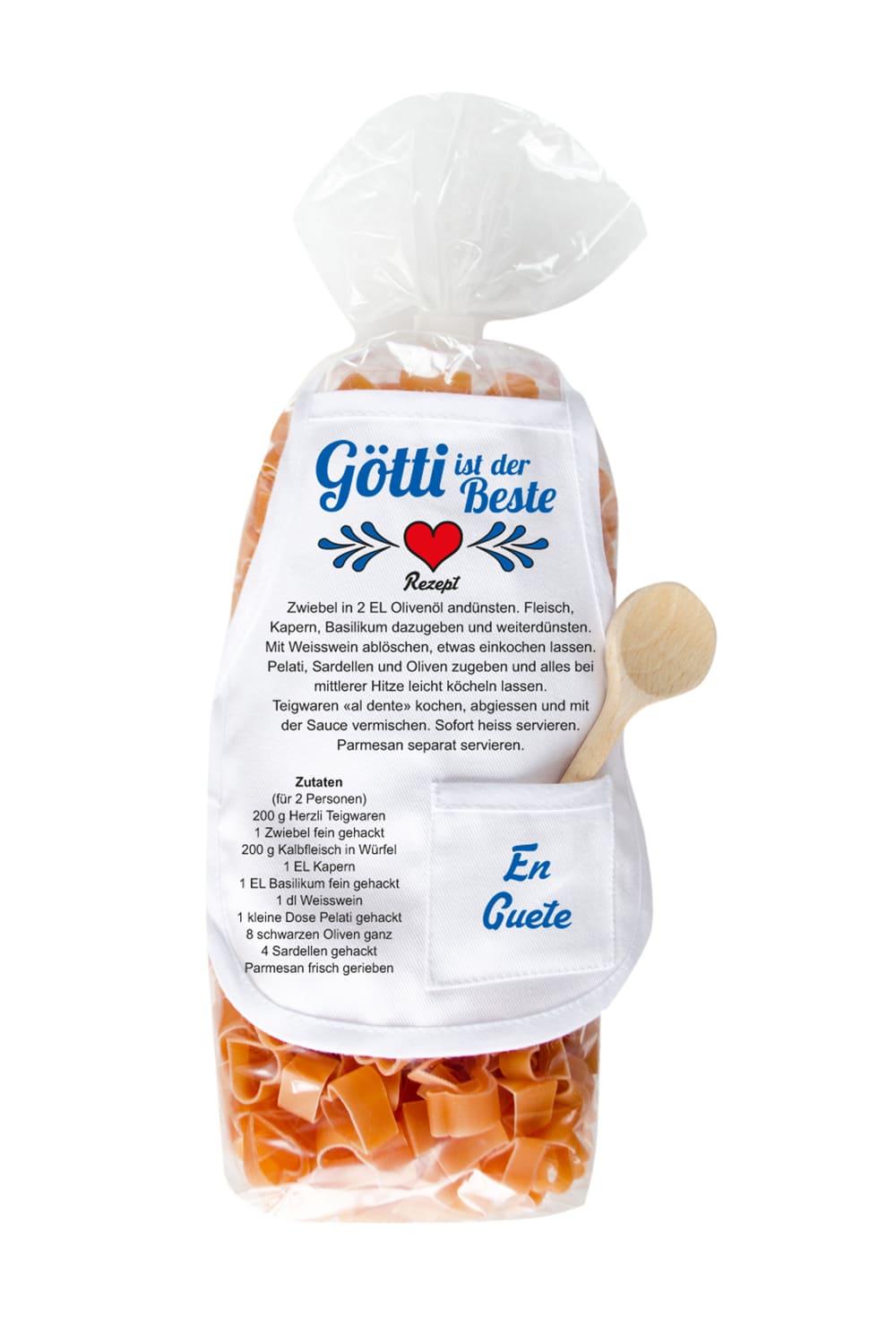 Die Goetti Pasta sind in einer Herz Form und in einer schoenen Verpackung mit einer Mini Kochschuerze. Ausserdem steht auf der laessigen Kochschuerze ein feines Rezept zum Nachkochen und der Spruch: Goetti ist der Beste. Ein tolles Geschenk für den lieben Pate zum Geburtstag, zu Weihnachten oder zum Valentinstag.