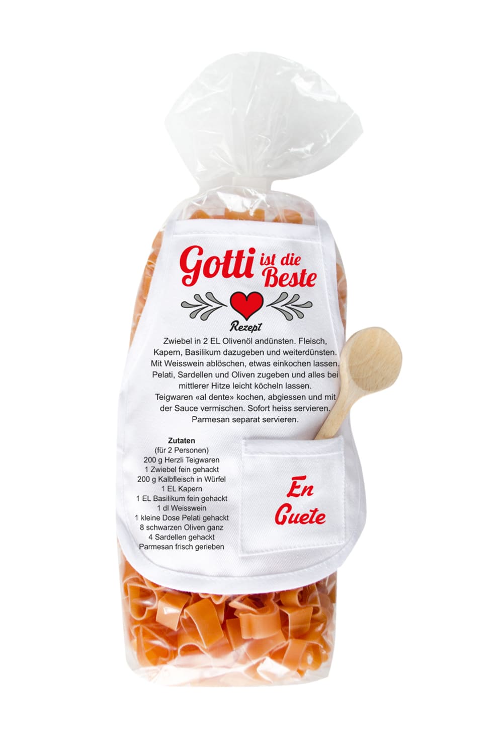 Die Gotti Pasta sind in einer Herz Form und in einer schoenen Verpackung mit einer Mini Kochschuerze. Ausserdem steht auf der laessigen Kochschuerze ein feines Rezept zum Nachkochen und der Spruch: Gotti ist die Beste. Ein tolles Geschenk fuer die liebe Patin zum Geburtstag, zu Weihnachten oder zum Valentinstag.