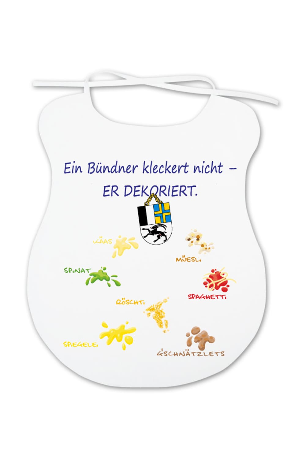 Dieser Esslatz ist ein lustiges Geschenk fuer Erwachsene, die mehr oder weniger beim Essen kleckern. Auf dem Sgahettilatz steht der Spruch: Ein Bündner kleckert nicht, er dekoriert. Zusaetzlich sind witzige Flecken mit Essensbezeichnungen und das Wappen abgebildet.  Der Graubuenden Latz fuer Erwachsene ist aus Baumwolle und ca. 35 x 45 cm gross.   Dieses witzige Geschenk oder Mitbringsel eignet sich hervorragend auch als Gutscheingeschenk fuer eine Einladung ins Restaurant. 