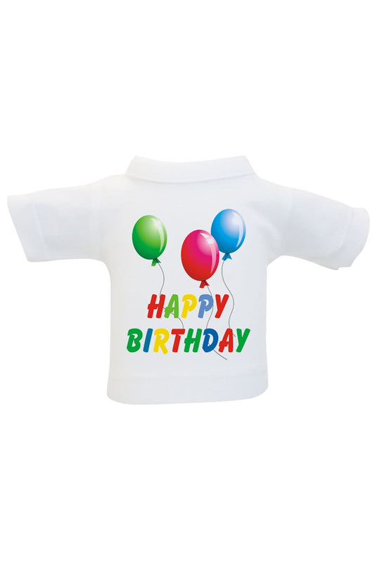 Das Happy Birthday Mini T-Shirt ist ein lustiges Accessoire für Flaschen. Einfach das Mini Shirt einer Weinflasche anziehen und fertig ist die originelle Geschenks Verpackung. Das Mini T-Shirt mit der Aufschrift: Happy Birthday. Eine kreative Geschenks Verpackung zum Geburtstag. 