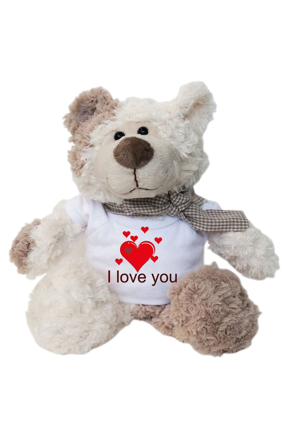 I love you Plueschbaer mit Spruch Shirt. Teddybaer als Geschenk mit Schleife um den Hals. Das Mini-Shirt mit Spruch und einem Herz.