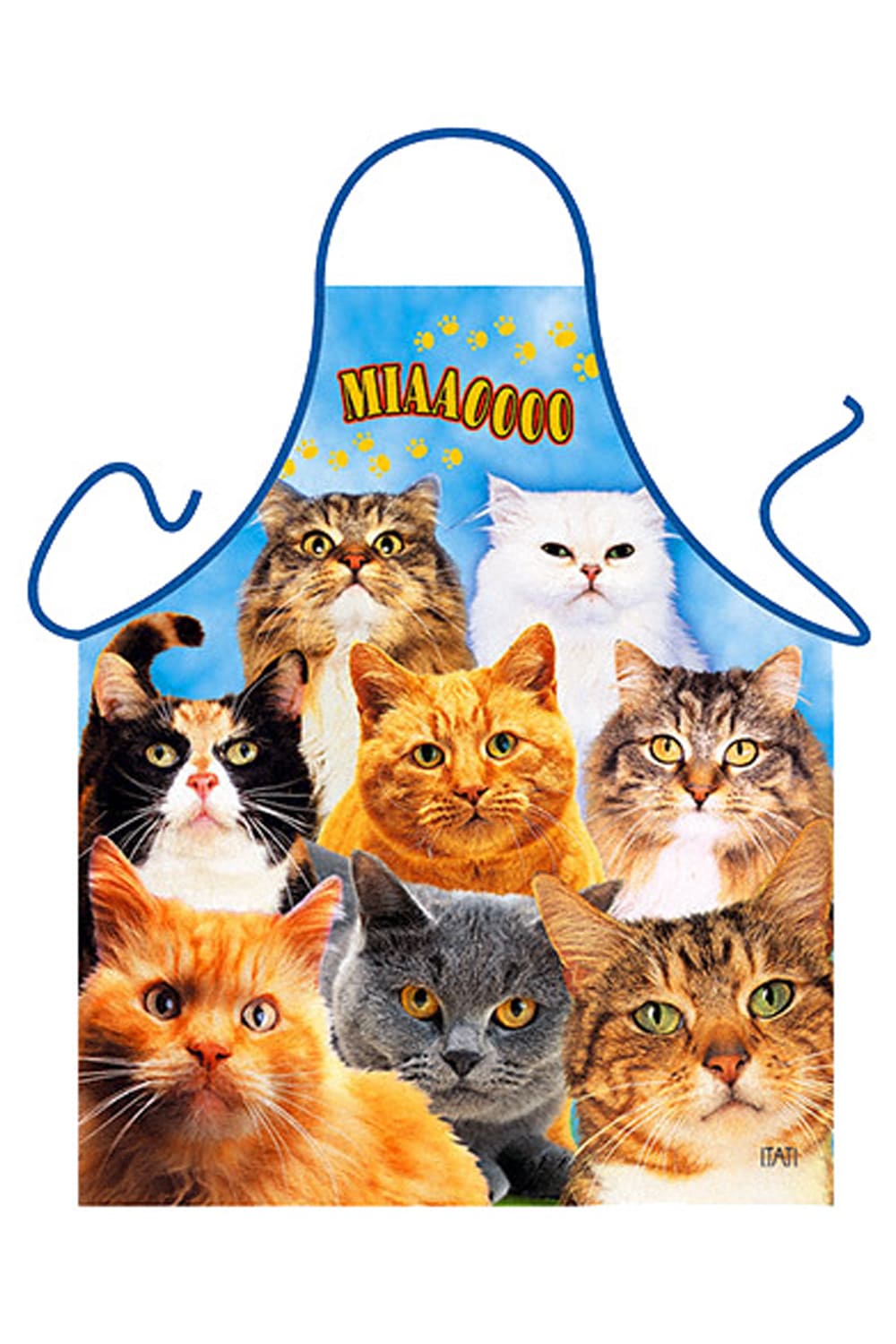 Auf der lustigen Kochschuerze sind verschiedene Katzen und Katzenrassen abgebildet. Die Textilfarbe der Grillschuerze ist in blauer Farbe mit kleinen Pfotabdruecken. Mit den suessen Kaetzchen auf der Schuerze, macht das Kochen, backen und grillen doch noch viel mehr Spass. Ein originelles und witziges Geschenk für Katzenliebhaber.