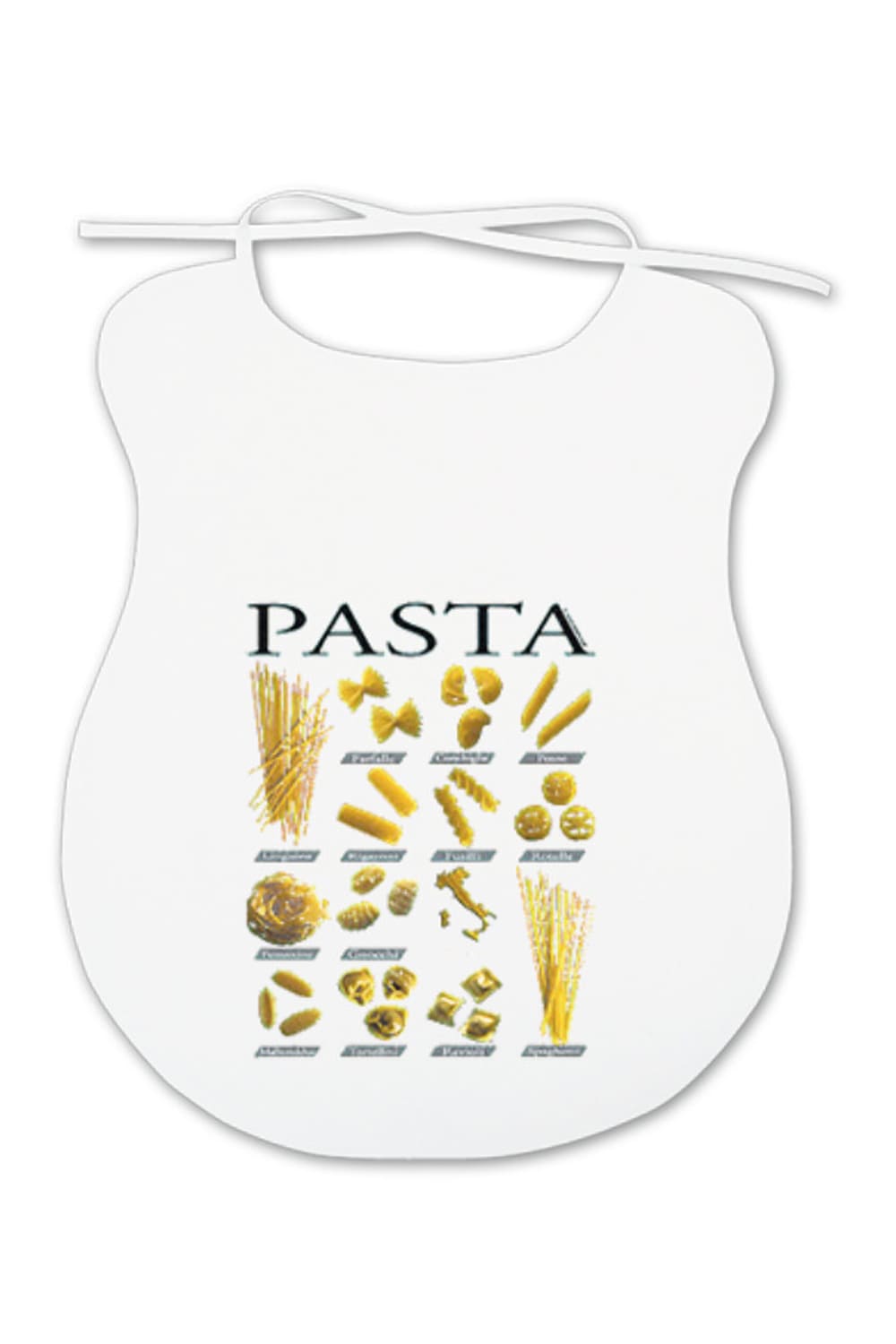 Ein lustiges Geschenk fuer alle Erwachsene, die mehr oder weniger beim Essen kleckern. Auf dem Spaghettilatz sind diverse Teigwaren abgebildet.  Der Pasta Erwachsenenlatz ist aus Baumwolle.
