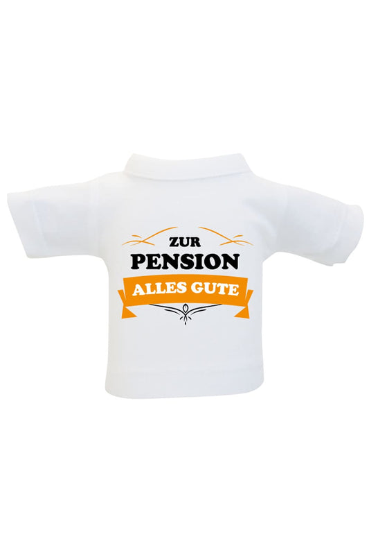 Das Pension Mini T-Shirt ist ein lustiges Accessoire für Geschenke und Flaschen. Einfach das Mini Shirt einer Weinflasche anziehen und fertig ist die originelle Geschenks Verpackung. Das Mini T-Shirt mit der Aufschrift: Zur Pension alles Gute. Eine kreative Geschenks Verpackung zur Pensionierung. 